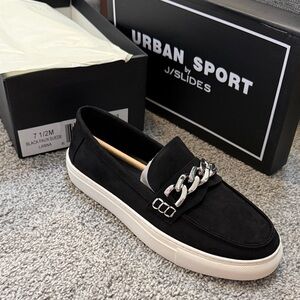 J/Slides Urban Sport Lanna Moccasin Loafer in black faux suede